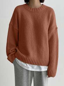 DAZY 女式休闲纯色落肩套头毛衣 - 紫紅色 - 查看 2