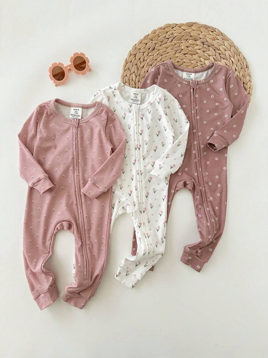 Babygirl Cute Casual Knitted Ditsy Floral Stretchy Pink Long Sleeve Jumpsuit Bodysuit Loungewear