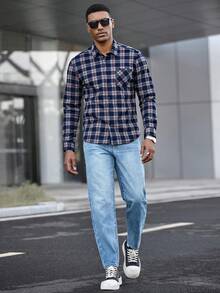 Manfinity CasualCool Men's Plaid Print Button Front Pocket Long Sleeve Shirt Flannels For Men Men Shirts Plaid Checkered Shirt Men Men Casual Long Sleeve Shirts Men Street Wear Shirt