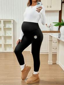 SHEIN 秋季、秋冬季、孕妇装 秋冬孕妇装 雏菊印花 可调节腰围 保暖内衬 休闲打底裤 孕妇打底裤 孕妇裤 孕妇加大码打底裤 - 黑色 - 查看 5