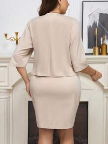 Reflora 大码花卉优雅连衣裙和纯色短袖夹克两件套 - 杏色 - 查看 3