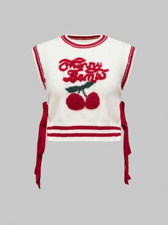 Kawaii Plus Size Women's Valentine's Day Cherry Embroidered Bow Knitted Vest