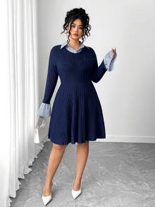 Elenzga Plus Size Elegant Collared Long Sleeve Ribbed Patchwork Knit Dress - Navy Blue - View 6