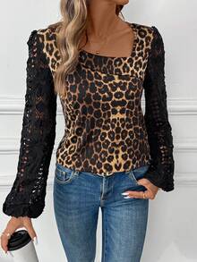 SHEIN Clasi 女士豹纹镂空长袖拼接T恤 秋冬新年圣诞 - 彩色 - 查看 6