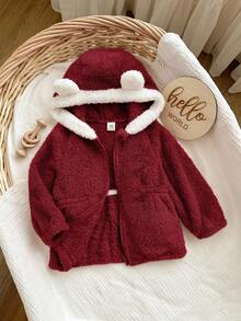 SHEIN 女婴可爱百搭粉色保暖连帽外套，秋冬款 - 紅色 - 查看 7