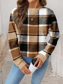 SHEIN LUNE Áo sweatshirt nữ tay dài cổ tròn dáng rộng, ấm áp và thoải mái, họa tiết kẻ caro cổ điển, thích hợp cho mùa Thu/Đông Giáng sinh. - Nhiều màu - Xem 6