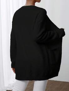 EMERY ROSE 女式纯色 V 领口袋不对称开衫 - 黑色 - 查看 2