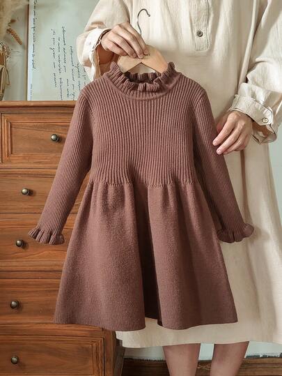 SHEIN Vintaside Kids Young Girl' Long Sleeve Ruffled Hem Sweater Dress, Solid Light Coffee Color, Suitable For Autumn And Winter Seasons, Can Be Paired With Cotton Outerwear Girl S Spring And Autumn Dress Girls Sweater Dress Fall Dress For Girl Girl Clothes Autumn And Winter Clothes Autumn And Winter Young Girls Dressse