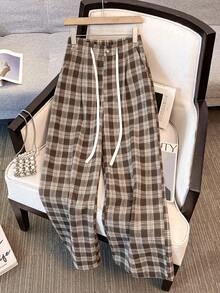 Franclia 女式休闲格子宽松裤，秋冬 - 棕色 - 查看 3