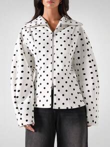 LYSMO Áo khoác dài tay nữ mùa đông tối giản họa tiết chấm bi đen trắng, khóa kéo, kiểu dáng thường ngày, mẫu mới 2025, thích hợp cho đi chơi, phong cách đường phố và diện trong mùa đông, đón năm mới hoặc Giáng sinh. - Đen và trắng - Xem 6