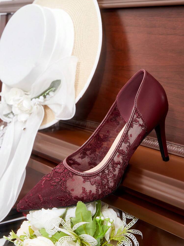 CUCCOO HITCHD Women's Pointed Toe Stiletto High Heel Burgundy Lace Mesh Wedding Party Sexy Elegant Pumps For Christmas Elegant Shoes Wedding Shoes Summer Shoes Bride Shoes