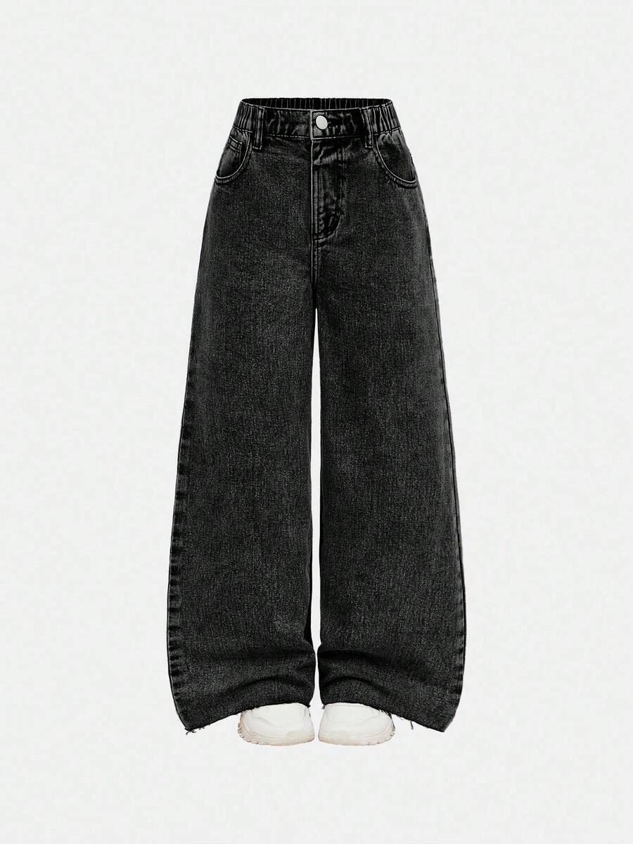 SHEIN Explorewe 青少年女孩宽松破洞下摆阔腿牛仔裤，带口袋 - 深灰色 - 查看 1