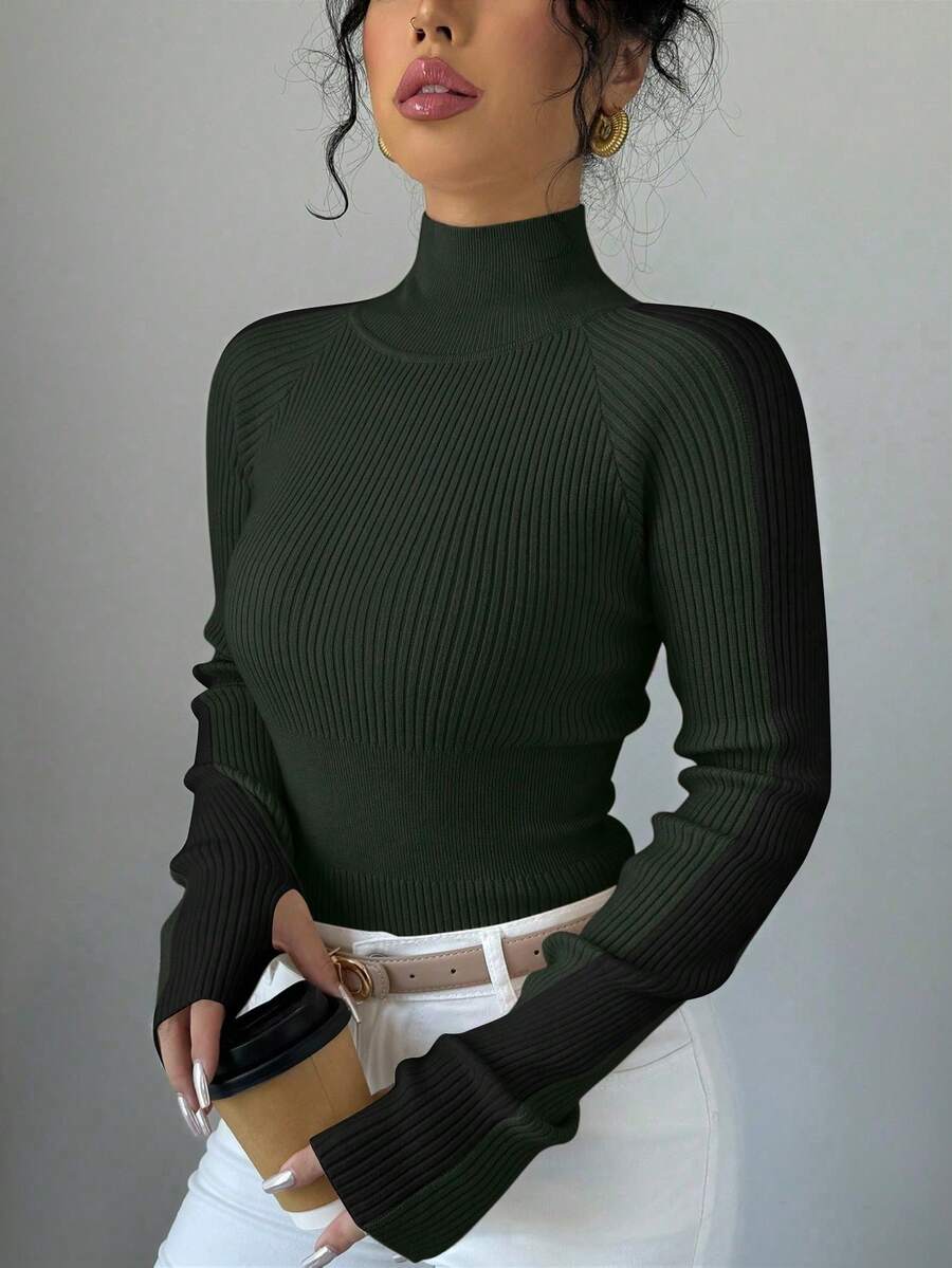 Selianne Top de punto minimalista con cuello alto, mangas raglán y costillas para mujer - Verde militar - Ver 1