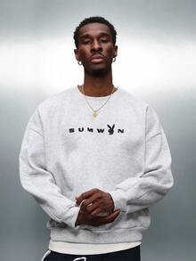 PLAYBOY X SUMWON Oversized Crew Neck Sweatshirt With Logo Print Casual Comfort Winter Fall Layering Essential - Grey - View 5