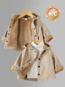 SHEIN Veste à capuche doublée thermique épaisse unisexe pour bébé, beige, convient aux bébés garçons et filles, automne/hiver