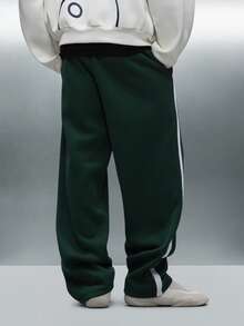 PLAYBOY X SUMWON 宽腿运动裤兔子标志羊毛宽松版型抽绳腰带侧条纹家居服街头服饰舒适秋冬裤 - 墨綠色 - 查看 2
