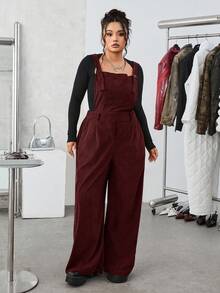 SHEIN EZwear 大码纯色简约日常灯芯绒连体裤 - 酒紅色 - 查看 4