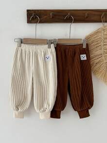 SHEIN 2 件套幼儿男童灯芯绒松紧腰罗纹下摆裤子，穿着舒适，适合春夏秋冬，时尚搭配，户外活动，婴儿礼物