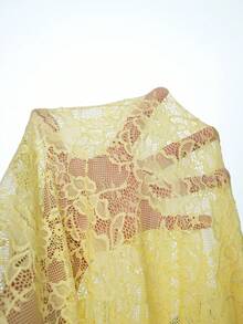 Elenzga 大码女式优雅法式性感修身镂空长袖 A 字蕾丝连衣裙 - 淡黃色 - 查看 7