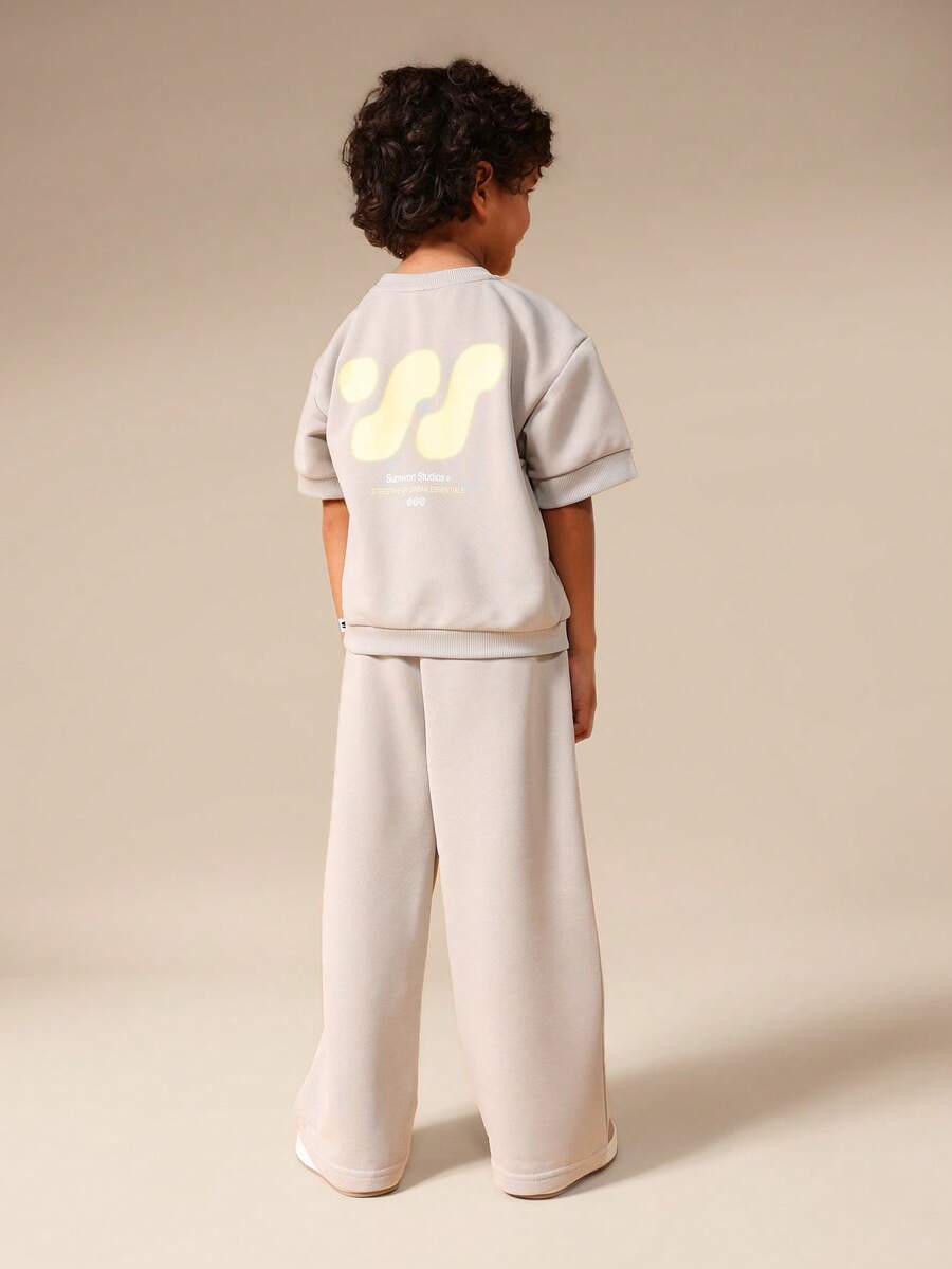 SUMWON Boys Ribbed Knit Sweatshirt Wide Leg Joggers Coordinating Set With Yellow Logo Print