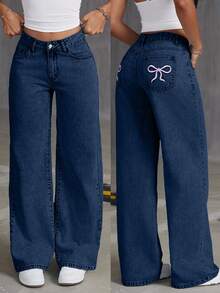 EURMUSE Quần denim dáng suông, giặt thẳng, thêu nơ cho nữ, chất liệu denim dày dặn - Màu xanh hải quân - Xem 2