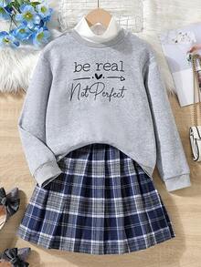 SHEIN 女大童標語圖案二合一套頭衫&格紋百褶半身裙