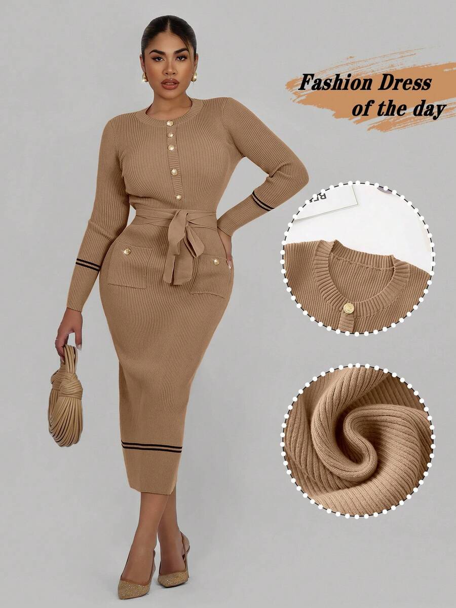 Lineaform Women's Elegant Fitted Metal Button Front Long Sweater Dress - Khaki - View 1