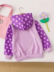 DORA | SHEIN Young Girl Cartoon Monkey & Dora Print Hooded Zip-Up Sweatshirt, Autumn/Winter - Purple - View 2