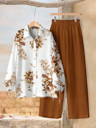 EMERY ROSE 秋冬女式衬衫和裤子工作服套装（两件套）