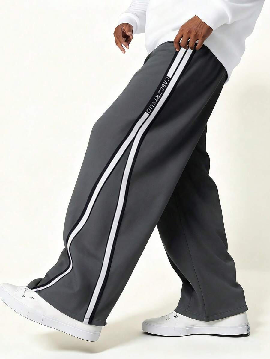 SHEIN Casual Letter Webbing Patchwork Slit Straight Leg Pants For Teen Boy Chic For Autumn/Winter Fall - Grey - View 1