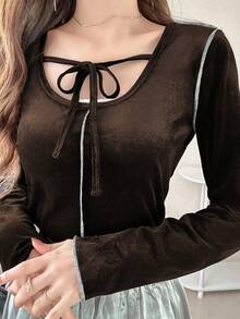 FRIFUL 女士圆领落肩长袖黑色撞色包边抽绳修身休闲百搭磨毛T恤，秋冬外出上衣 - 棕色 - 查看 4