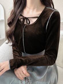 FRIFUL 女士圆领落肩长袖黑色撞色包边抽绳修身休闲百搭磨毛T恤，秋冬外出上衣 - 棕色 - 查看 5