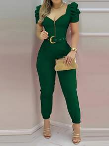 INAWLY 女式性感修身V领拉链羊腿袖连体裤（不含腰带） - 墨綠色 - 查看 2