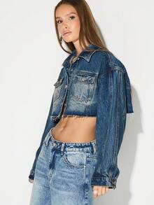 KIZN 短款牛仔夹克，毛边下摆，做旧纽扣前襟，经典领口 - 寶藍色 - 查看 6