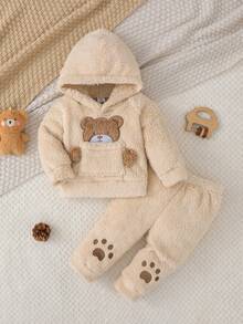 SHEIN Vintaside Kids 2pcs Pink Double-Sided Fleece Cute Bear Embroidered Set