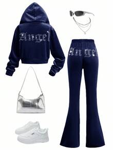 SHEIN Bộ đồ 2 món giản dị thanh lịch dành cho bé gái tuổi mới lớn, áo hoodie nhung đính đá Rhinestone có khóa kéo và quần ống loe ôm - Màu xanh hải quân - Xem 3
