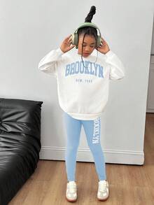 2pcs Tween Girl Letter Print Knit Sweatshirt And Knit Leggings Set, Casual Graphic Fashion Everyday Versatile School White Autumn - Blue - View 3