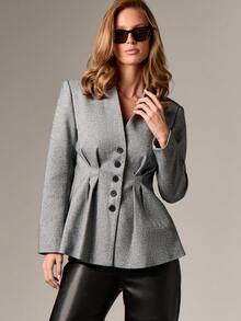 AiiRZ Herringbone Cinched Waist Padded Shoulder Professional Business Office Blazer For Fall Winter - Grey - View 1