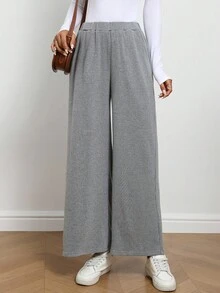 EMERY ROSE Women's Casual Everyday Commute Striped Print Elastic Waist Side Pockets Loose Thick Flared Leg Pants, Autumn/Winter - Grey - View 7