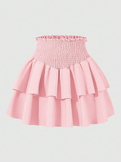 Teen Girl Ruffle Waist Solid Color Ruffle Hem Fashionable A-Line Skirt