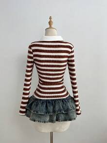 SHEIN Unity Velvet Striped Textured Women's Long Sleeve Single-Breasted Fitted Shirt - Multicolor - View 2