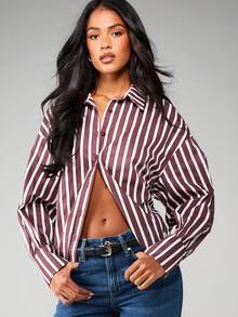 MISSGUIDED Elegant Striped Long Sleeve Collared Button Down Blouse Loose Fit Oversized Office Workwear Statement Piece Professional Business Attire Collection - Multicolor - View 3
