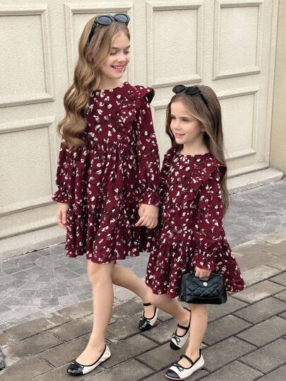 SHEIN Tween 女童勃艮第红色休闲外出波西米亚风格编织豹纹可爱荷叶边连衣裙，适合秋冬季，冬季度假连衣裙