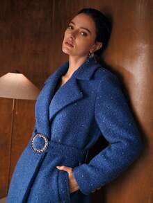 MOTF PREMIUM 羊毛翻领系腰带大衣，秋冬 - 寶藍色 - 查看 7