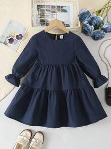SHEIN Young Girl Solid Round Neck Puff Sleeve Fitted Casual Cake A-Line Dress,Autumn Winter - Navy Blue - View 6