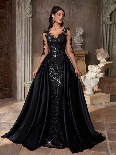 Aureia Elegant Black Beaded Sequin Patchwork Satin Sheer Long Sleeve V-Neck Fishtail Maxi Dress With Flowing Train, Suitable For All Formal Occasions, Weddings, Events, Dates, Vacations, Parties, Galas