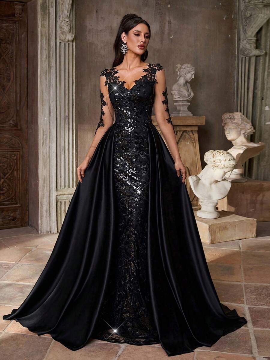 Aureia Váy maxi dài tay cổ chữ V bằng vải satin mỏng đính hạt sequin đen thanh lịch, đuôi cá dài thướt tha, phù hợp cho mọi dịp trang trọng, đám cưới, sự kiện, hẹn hò, kỳ nghỉ, tiệc tùng, dạ tiệc