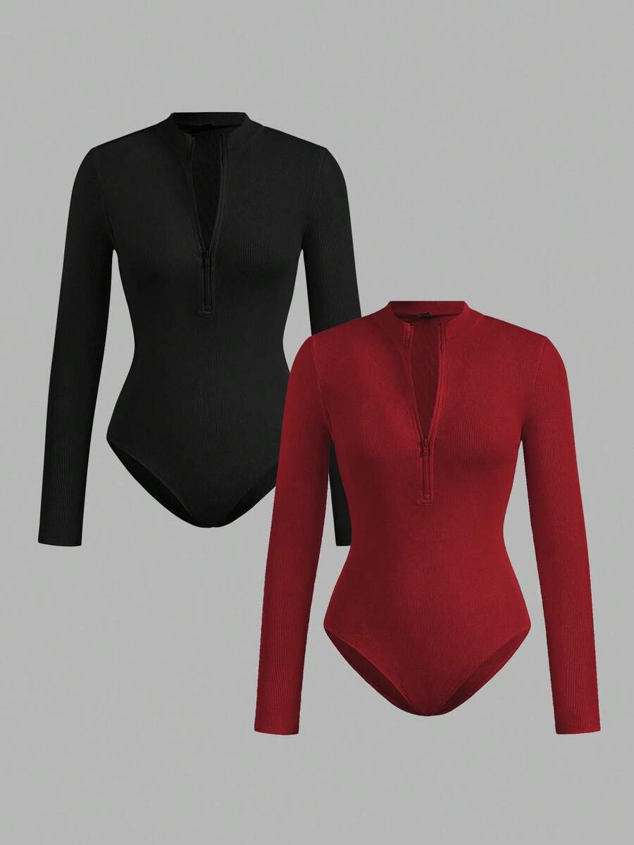SHEIN EZwear 2 件套女式拉链高领紧身衣套装，休闲长袖紧身衣，春秋季 - 彩色 - 查看 1