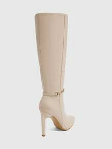 CUCCOO SZL Women's Pointed Toe Slim High Heel Metal Buckle Beige Autumn/Winter Side Zipper Knee-High Boots, Minimalist Design For Commuting, Shopping, Party For Christmas - Beige - View 6