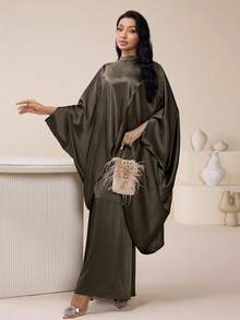 Veilorie Women's Solid Color Stand Collar Batwing Sleeve Loose Elegant Arabic Dress